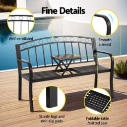 Outdoor Garden Bench Loveseat Steel Folding Patio Table Furniture Black Seat Outdoor Terrace Backyard Dual Seat Lounge Chair