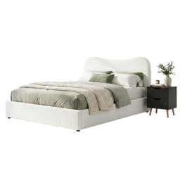 Double Bed Frame and Bedside Table Set Boucle Beige with Black Headboard and Nightstand Modern Upholstered Bedroom Furniture Set