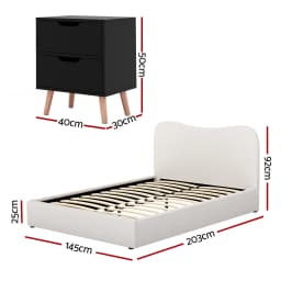 Double Bed Frame and Bedside Table Set Boucle Beige with Black Headboard and Nightstand Modern Upholstered Bedroom Furniture Set