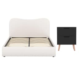 Double Bed Frame and Bedside Table Set Boucle Beige with Black Headboard and Nightstand Modern Upholstered Bedroom Furniture Set