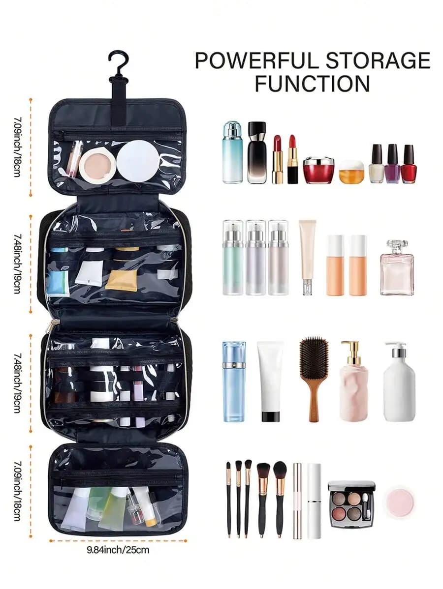 Large Capacity Hanging Travel Organizer - Waterproof Multi-Compartment Makeup Bag With Hook, Unisex, Black, Toiletry Organizer,