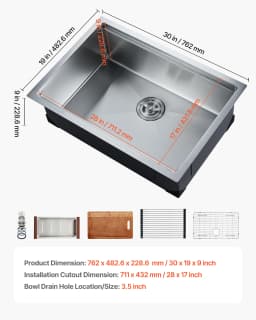 VEVOR Kitchen Sink Workstation Stainless Steel Sinks ingle Bowl Basin with Ledge & Accessories Household Dishwasher for RV