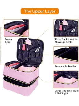Dual Layer Nail Polish Storage Box With Tool Organizer, Adjustable Dividers Makeup Bag Pouch For Manicurists Travel Essential
