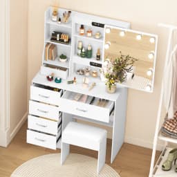 Dressing Table with LED Mirror and Stool, Makeup Vanity Desk Set, 10 Lights Dimmable Mirror, 6 Drawer Bedroom Vanity Furniture