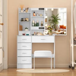 Dressing Table with LED Mirror and Stool, Makeup Vanity Desk Set, 10 Lights Dimmable Mirror, 6 Drawer Bedroom Vanity Furniture
