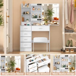 Dressing Table with LED Mirror and Stool, Makeup Vanity Desk Set, 10 Lights Dimmable Mirror, 6 Drawer Bedroom Vanity Furniture