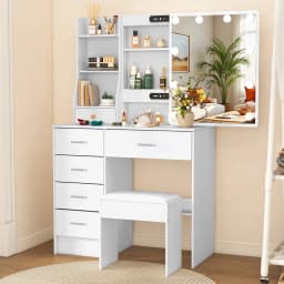 Dressing Table with LED Mirror and Stool, Makeup Vanity Desk Set, 10 Lights Dimmable Mirror, 6 Drawer Bedroom Vanity Furniture