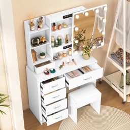 Dressing Table with LED Mirror and Stool, Makeup Vanity Desk Set, 10 Lights Dimmable Mirror, 6 Drawer Bedroom Vanity Furniture