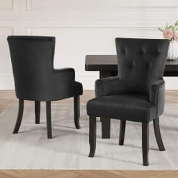 Set of 2 Velvet French Provincial Dining Chairs Black Elegant Upholstered Accent Armchairs