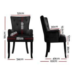 Set of 2 Velvet French Provincial Dining Chairs Black Elegant Upholstered Accent Armchairs
