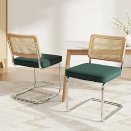 Velvet Rattan Cantilever Dining Chairs Set of 2 Green Upholstered Modern Accent Chairs