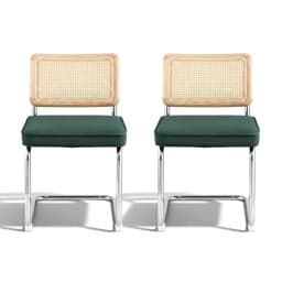 Velvet Rattan Cantilever Dining Chairs Set of 2 Green Upholstered Modern Accent Chairs