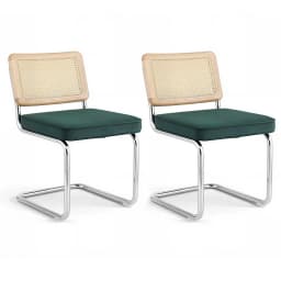 Velvet Rattan Cantilever Dining Chairs Set of 2 Green Upholstered Modern Accent Chairs