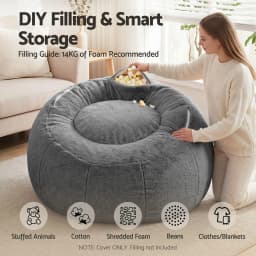 Soft Faux Fur Round Bean Bag Cover No Filler Large Washable Stuffed Animal Storage Beanbag Seat Cover for adults Kids Teens Grey