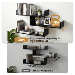 3 Tier Black Floating Wall Shelf Space Saving Wall Mounted Display Organizer for Home Bedroom Kitchen Bathroom Storage