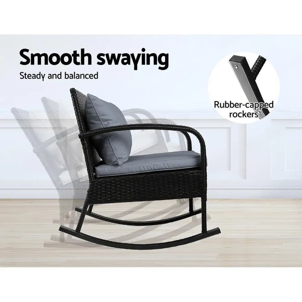 3 Piece Patio Bistro Set Rocking Chair Table Wicker Outdoor Furniture Black
