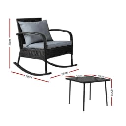 3 Piece Patio Bistro Set Rocking Chair Table Wicker Outdoor Furniture Black