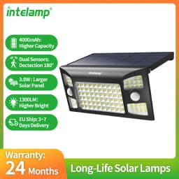 Intelamp Long Life 1300LM 4000mah Outdoor Solar Lights 6H Charge Lighting All Night With Two Motion Sensors 180° Wide-Angle Large Solar Panel Solar Lamp IP65 For Street Garden Path Yard Wall