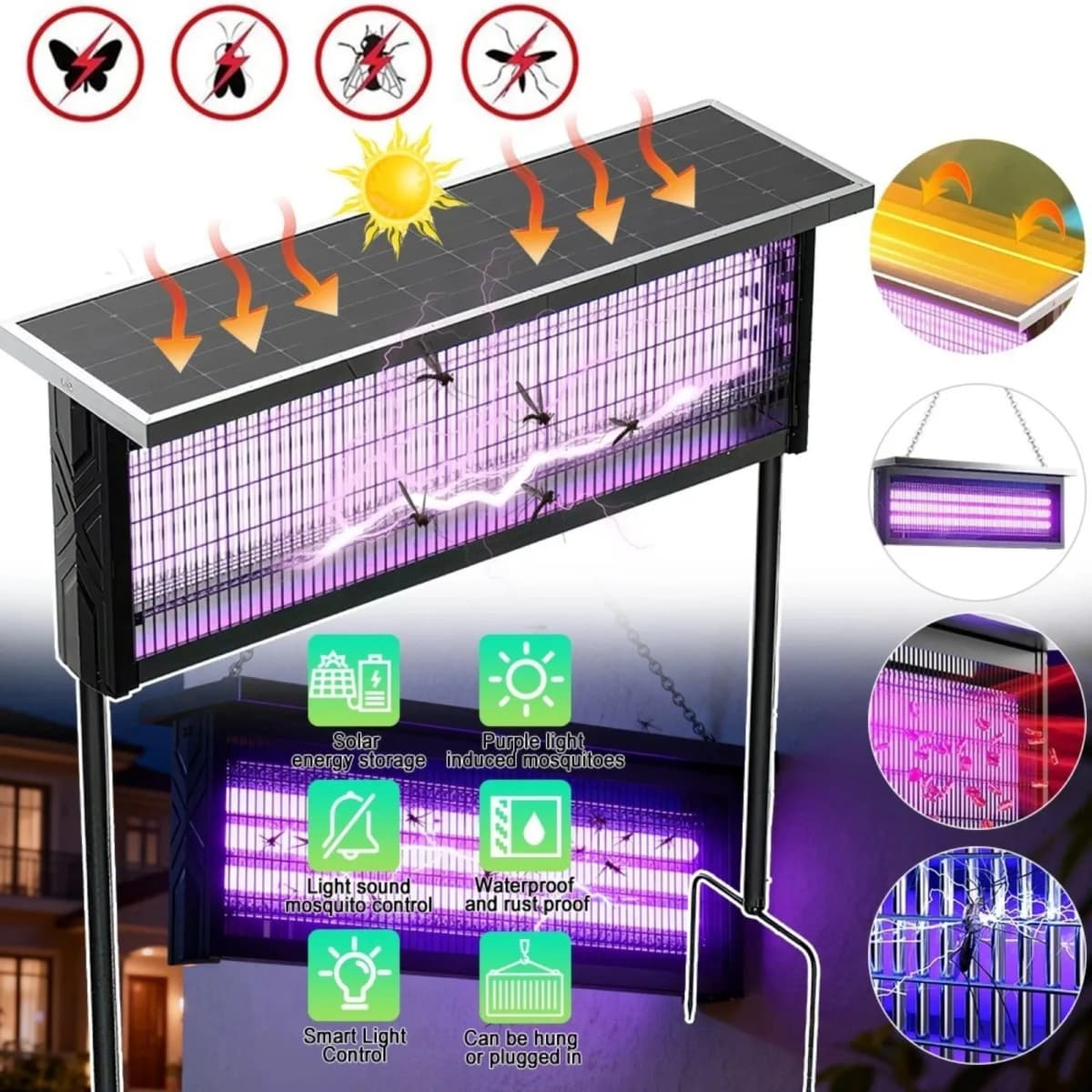 Solar Bug Zapper Outdoor Mosquito Zapper 4500V Waterproof Rechargeable Fly Zappe
