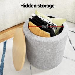 Storage Ottoman Blanket Box 40cm Round Grey Linen Upholstered Footstool with Hidden Storage for Living Room Bedroom Nursery