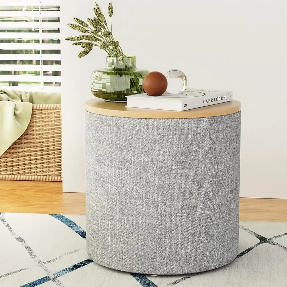 Storage Ottoman Blanket Box 40cm Round Grey Linen Upholstered Footstool with Hidden Storage for Living Room Bedroom Nursery
