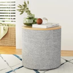 Storage Ottoman Blanket Box 40cm Round Grey Linen Upholstered Footstool with Hidden Storage for Living Room Bedroom Nursery
