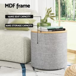 Storage Ottoman Blanket Box 40cm Round Grey Linen Upholstered Footstool with Hidden Storage for Living Room Bedroom Nursery