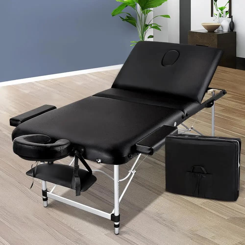 75cm Portable 3 Fold Aluminium Massage Table Beauty Bed Black Lightweight Foldable Spa Treatment Chair
