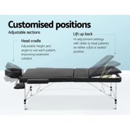 75cm Portable 3 Fold Aluminium Massage Table Beauty Bed Black Lightweight Foldable Spa Treatment Chair