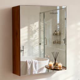 Bathroom Mirror Cabinet Wall Medicine Storage Cabinet with Motion Sensor LED Light, Single Door, Aluminum Framed, Walnut Wood Color, Silent Hinges