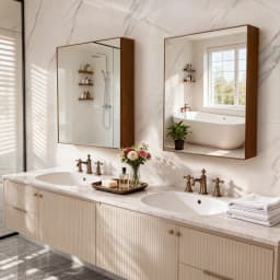 Bathroom Mirror Cabinet Wall Medicine Storage Cabinet with Motion Sensor LED Light, Single Door, Aluminum Framed, Walnut Wood Color, Silent Hinges