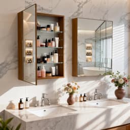 Bathroom Mirror Cabinet Wall Medicine Storage Cabinet with Motion Sensor LED Light, Single Door, Aluminum Framed, Walnut Wood Color, Silent Hinges