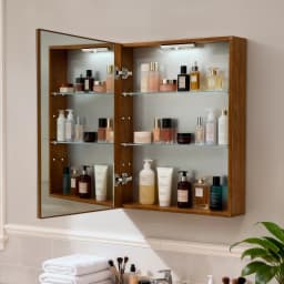 Bathroom Mirror Cabinet Wall Medicine Storage Cabinet with Motion Sensor LED Light, Single Door, Aluminum Framed, Walnut Wood Color, Silent Hinges
