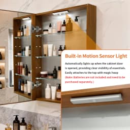 Bathroom Mirror Cabinet Wall Medicine Storage Cabinet with Motion Sensor LED Light, Single Door, Aluminum Framed, Walnut Wood Color, Silent Hinges