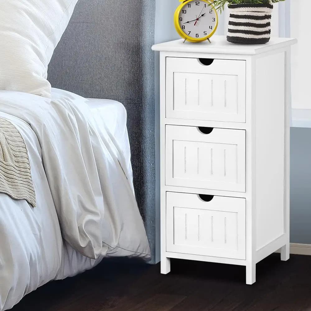 White 3 Drawer Bedside Table Bathroom Storage Cabinet Narrow Wooden Nightstand Organizer for Bedroom Living Room Home Use