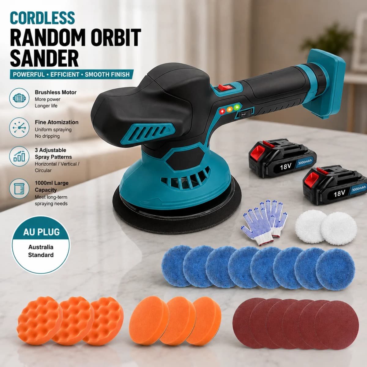 Cordless Car Polisher Compatible with Makita 18V Battery, Buffer Orbital Polishing Machine 6‑Speed Adjustable Electric Polisher with 2Pcs 3000mAh Batteries Polishing Pads Sanding Discs Gloves for Car Detailing Waxing Renovation