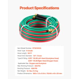 VEVOR Oxygen Acetylene Hose Oxy Acetylene Hose w/ LH/RH B Fittings R Grade Welding Torch Twin Hose w/ 300PSI Working Pressure