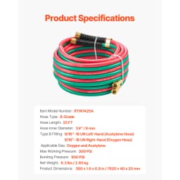 VEVOR Oxygen Acetylene Hose Oxy Acetylene Hose w/ LH/RH B Fittings R Grade Welding Torch Twin Hose w/ 300PSI Working Pressure