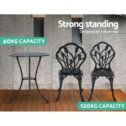 3PC Outdoor Bistro Set Cast Aluminum Patio Table and Chairs Tulip Design Black Garden Furniture