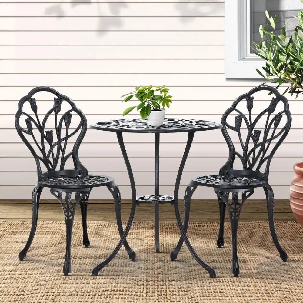 3PC Outdoor Bistro Set Cast Aluminum Patio Table and Chairs Tulip Design Black Garden Furniture