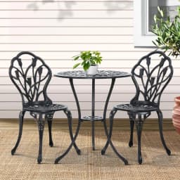 3PC Outdoor Bistro Set Cast Aluminum Patio Table and Chairs Tulip Design Black Garden Furniture