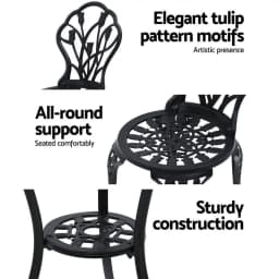 3PC Outdoor Bistro Set Cast Aluminum Patio Table and Chairs Tulip Design Black Garden Furniture