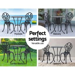 3PC Outdoor Bistro Set Cast Aluminum Patio Table and Chairs Tulip Design Black Garden Furniture
