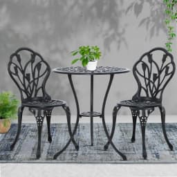 3PC Outdoor Bistro Set Cast Aluminum Patio Table and Chairs Tulip Design Black Garden Furniture
