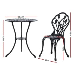 3PC Outdoor Bistro Set Cast Aluminum Patio Table and Chairs Tulip Design Black Garden Furniture
