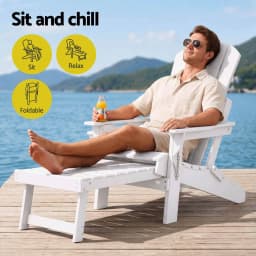 Folding Sun Lounger Adirondack Style Outdoor Lounge Chair HDPE Recliner with Footrest White