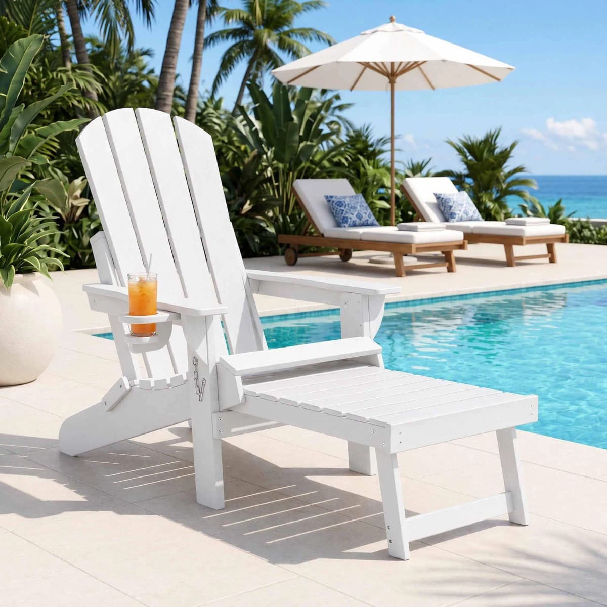 Folding Sun Lounger Adirondack Style Outdoor Lounge Chair HDPE Recliner with Footrest White