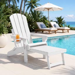 Folding Sun Lounger Adirondack Style Outdoor Lounge Chair HDPE Recliner with Footrest White