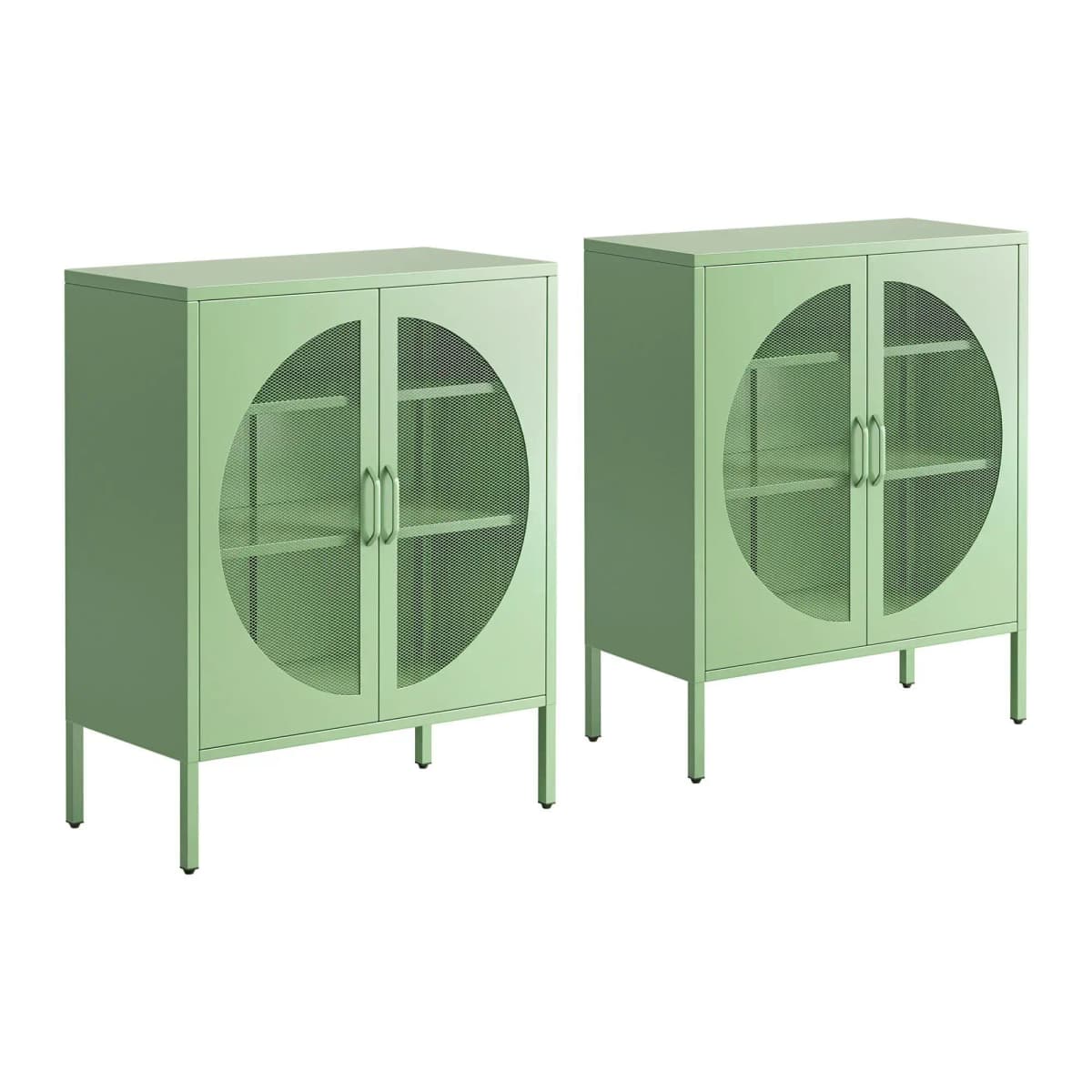 2 Pack Green Metal Sideboard Cabinet with Mesh Doors Cupboard Storage Cabinet for Home Living Room Dining Room
