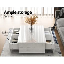 White Rectangular Coffee Table with 4 Storage Drawers Modern Living Room Center Table for Home Office Use